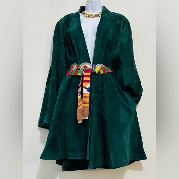 Vintage Forest Green Genuine Leather Suede Swing Coat By Ellen Ashley - Picture 1 of 8